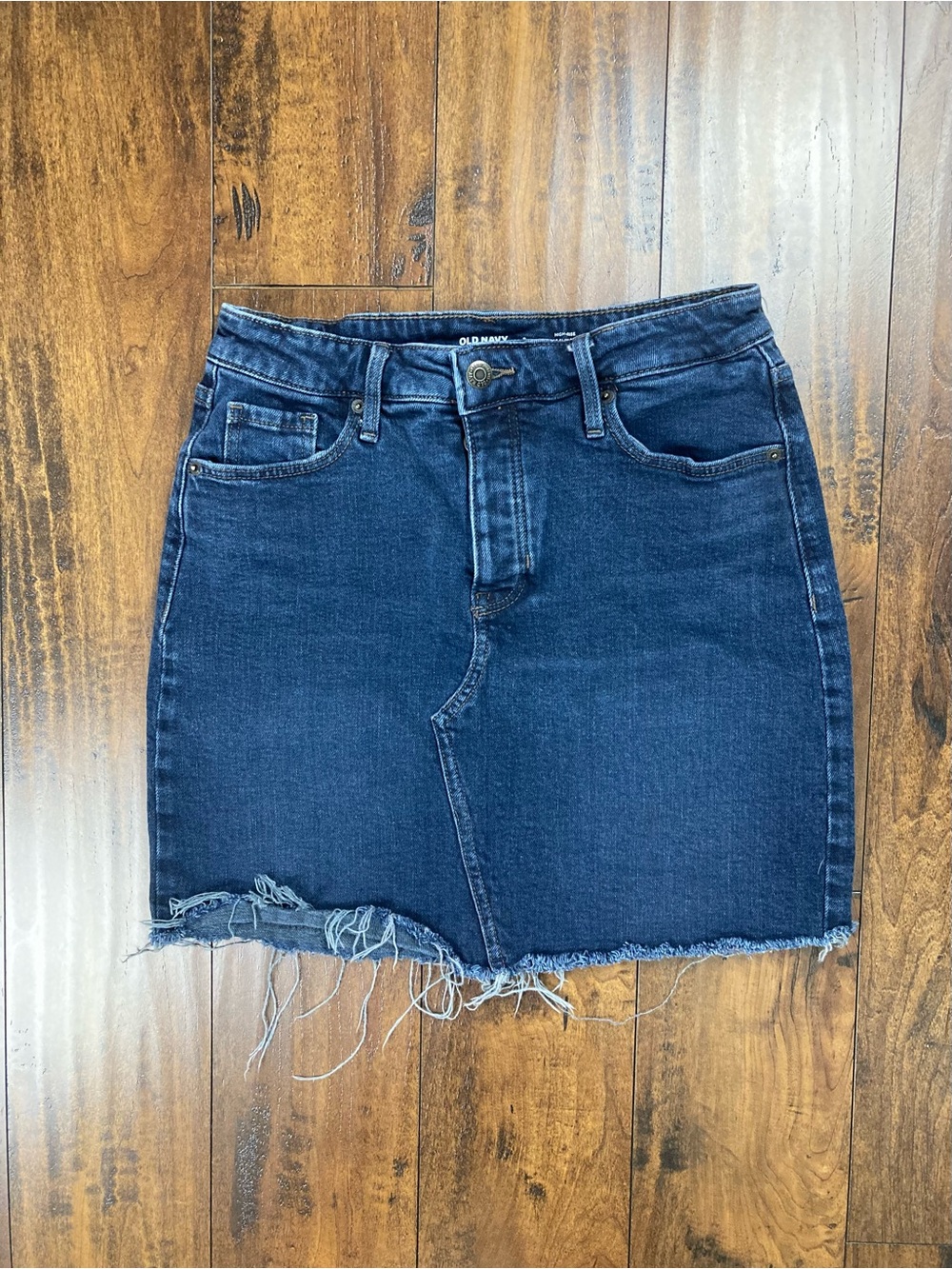 Old Navy Denim Jean Skirt High-Rise Dark Wash Raw Hem Button Fly Women’s Size 2.
